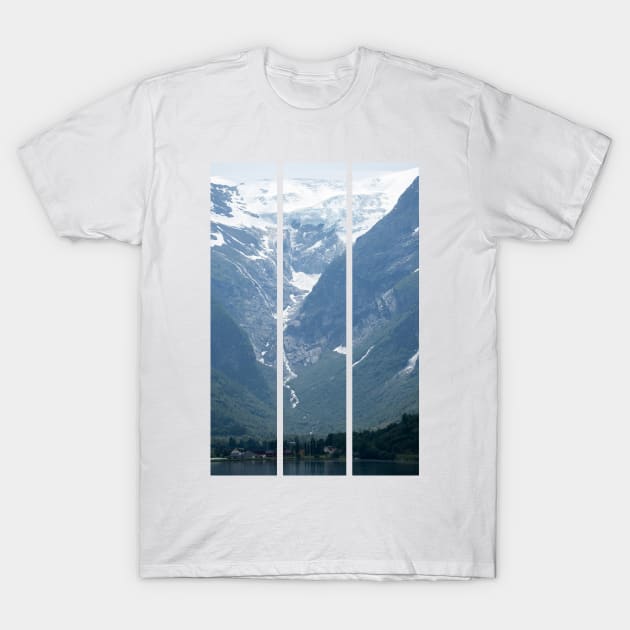 Wonderful landscapes in Norway. Vestland. Beautiful scenery of Briksdalsbreen glacier in Briksdalbre. Oldevatnet lake. Mountains, rocks and snow. Cloudy day(vertical) T-Shirt by fabbroni-art